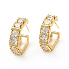 Clear Cubic Zirconia Hexagon Stud Earrings, Rack Plating Brass Half Hoop Earrings for Women, Cadmium Free & Lead Free