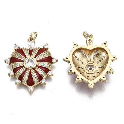 Brass Micro Pave Cubic Zirconia Pendants, with Enamel and Jump Ring, Nickel Free, Heart, Real 16K Gold Plated