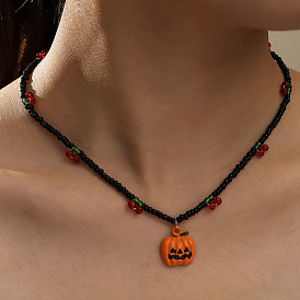 Black Beaded Pumpkin Pendant Collarbone Necklace for Halloween Costume