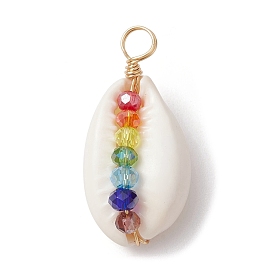 Natural Shell Copper Wire Wrapped Pendants, Shell Shaped Charms with Colorful Glass Beads