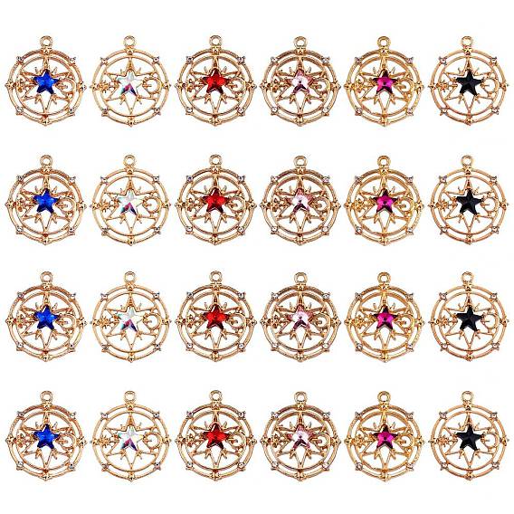 24 pcs 6 couleurs pendentifs en verre à facettes, avec alliage plaqué or léger, plat et circulaire avec étoile