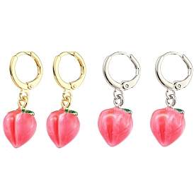 Fuchsia Peach Glass Dangle Leverback Earrings, Brass Earrings