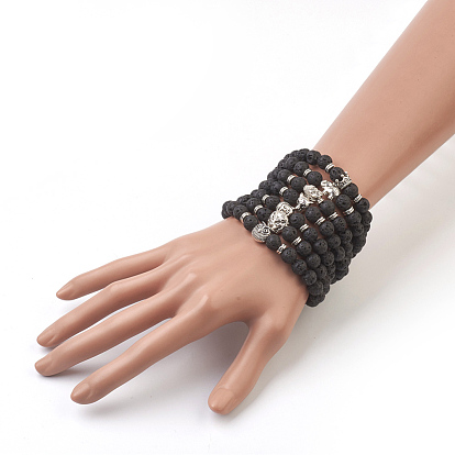 Ensembles de bracelets, bracelets extensibles en perles de lave naturelle, avec les accessoires en alliage, forme ronde et mixte, Emballage en toile de jute, argent antique