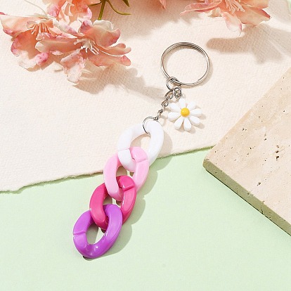 Porte-clés en chaîne gourmette en acrylique, avec breloque marguerite en résine et anneau porte-clés en fer