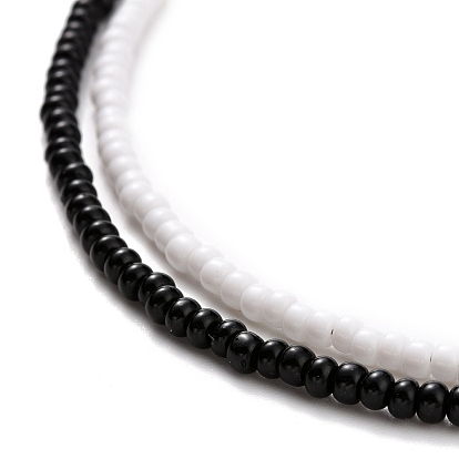 2 Pcs 2 Colors Black & White Glass Seed Beaded Necklaces Set, Choker Jewelry for Women and Girls