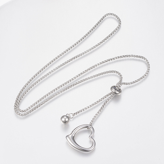 Adjustable 304 Stainless Steel Lariat Necklaces, Slider Necklaces, Heart and Beads
