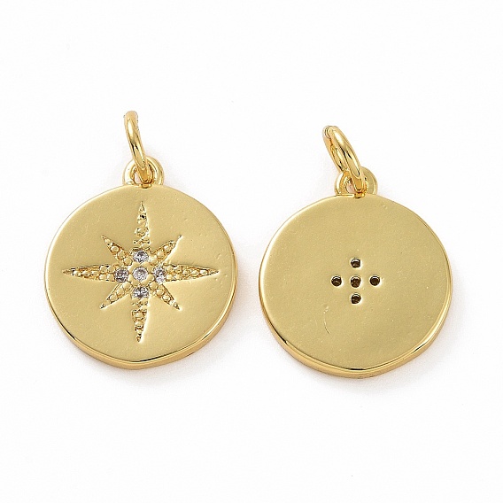 Brass Micro Pave Cubic Zirconia Pendants, Real 18K Gold Plated, with Jump Ring, Flat Round with Star Charms