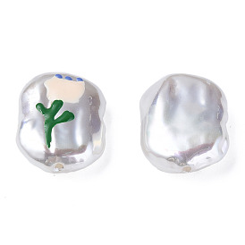 Perles de nacre en plastique ABS, avec l'émail, ovale avec des fleurs
