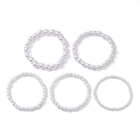 5Pcs 5 Size Acrylic Imitation Pearl Beaded Stretch Bracelets Set, Stackable Bracelets