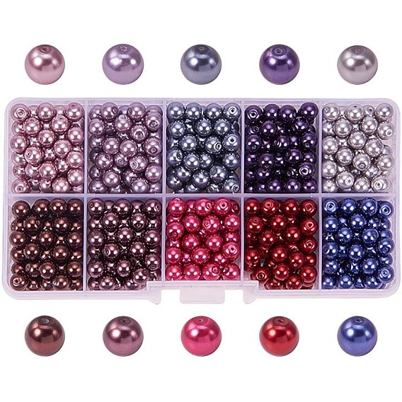 10 Colors Eco-Friendly Pearlized Round Glass Pearl Beads, Dyed, 6mm, Hole: 1.2~1.5mm, about 60pcs/compartment, 600pcs/box