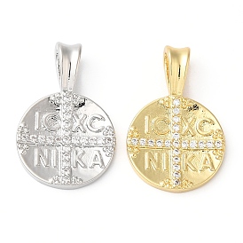 Rack Plating Brass Micro Pave Cubic Zirconia Pendants, Long-Lasting Plated, Lead Free & Cadmium Free, Round with Cross