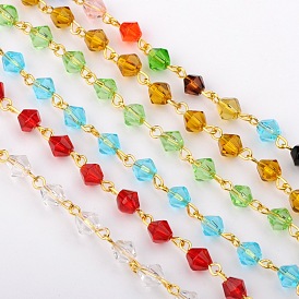 Handmade Bicone Glass Beads Chains for Necklaces Bracelets Making, with Golden Iron Eye Pin, Unwelded, 39.3 inch, Beads: 6mm