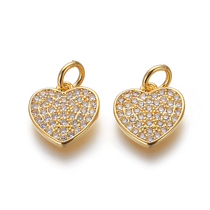 Brass Micro Pave Cubic Zirconia Charms, Lead Free & Cadmium Free, Clear, Heart