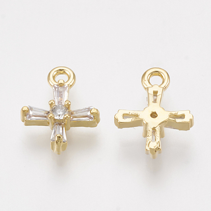 Brass Cubic Zirconia Tiny Cross Charms, Clear, Real 18K Gold Plated