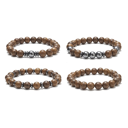 4Pcs 4 Style Natural Wenge Wood & Synthetic Hematite Beaded Stretch Bracelets Set for Women