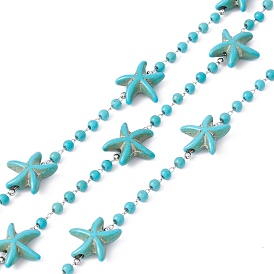 Handmade Synthetic Turquoise Starfish & Round Beaded Chains, 304 Stainless Steel Cable Chains, Soldered, with Spool