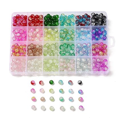 480Pcs 24 Colors Transparent Crackle Glass Beads Strand, Two Tone, Round