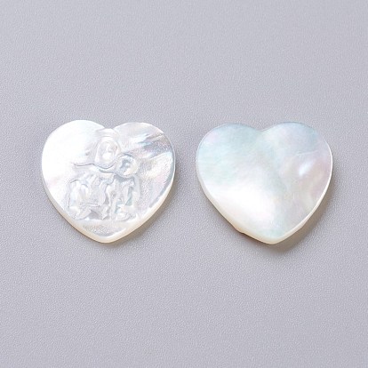Natural White Shell Mother of Pearl Shell Cabochons, Heart with Virgin Mary