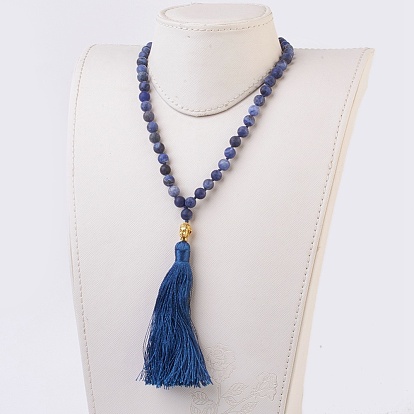 Colliers de perles de mala de bouddha de pierres précieuses naturelles, avec des résultats d'alliage et des glands de nylon, givré, 109 perles