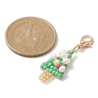 Décorations de pendentif en perles de rocaille de verre, avec des perles de culture d'eau douce naturelles et des fermoirs à pince de homard en alliage, arbre de Noël
