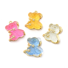 Transparent Resin Crystal Rhinestone Pendants, Bear Charms, with Rack Plating Real 14K Gold Plated Brass Findings, Long-Lasting Plated, Cadmium Free & Lead Free
