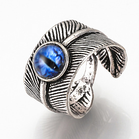 Adjustable Alloy Cuff Finger Rings, with Glass Findings, Wide Band Rings, Feather with Dragon Eye
