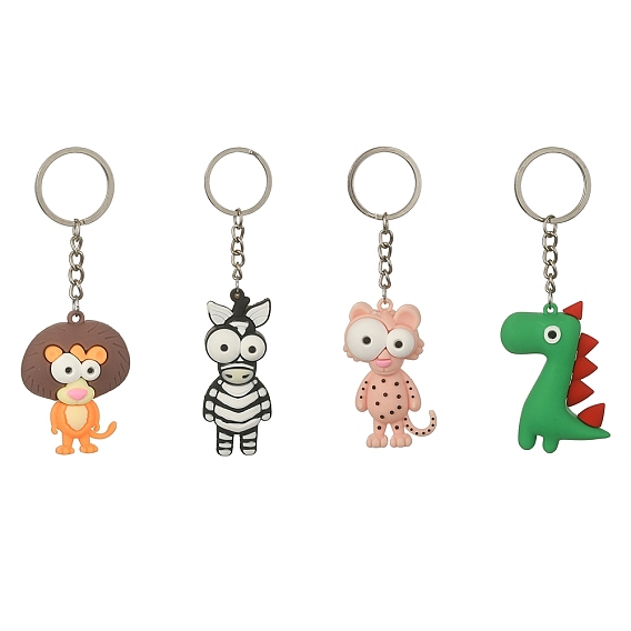 Porte-clés pendentif en plastique pvc, avec porte-clés fendus en fer plaqué platine, zèbre/léopard/lion/dinosaure
