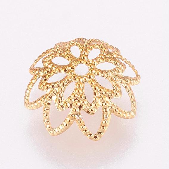 Brass Fancy Bead Caps, Long-Lasting Plated, Hollow, Flower, Multi-Petal, Real 24K Gold Plated