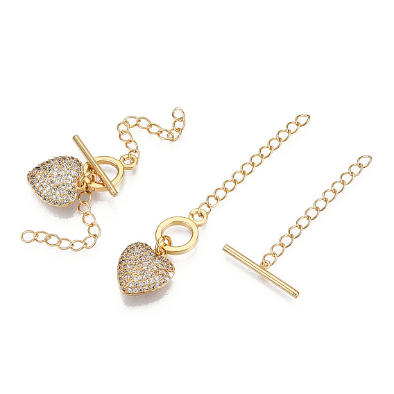 Brass Micro Pave Clear Cubic Zirconia Chain Extender, with Toggle Clasps, Ring with Heart, Nickel Free