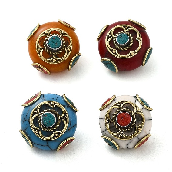 Handmade Tibetan Style Beads, with Synthetic Turquoise & Imitation Beeswax & Brass Findings, Rondelle