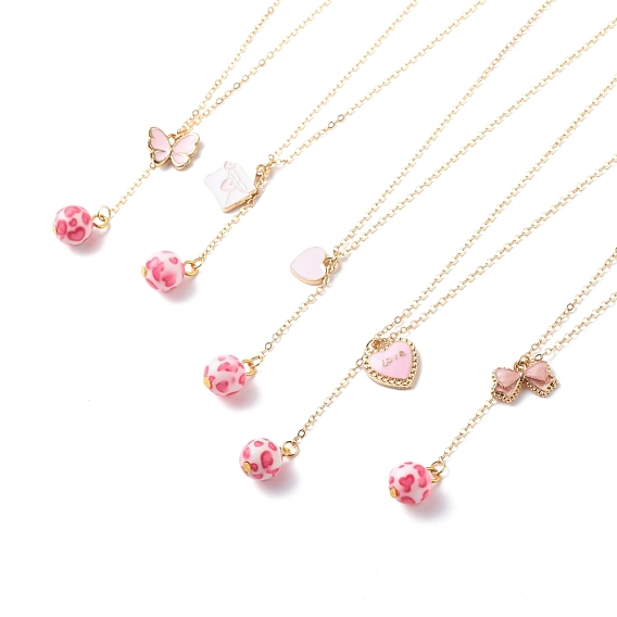 Alloy Enamel Charm & Resin Beads Lariat Necklace, Valentine Theme 304 Stainless Steel Jewelry for Women