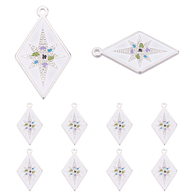 Nbeads 10Pcs 304 Stainless Steel Pendants, with Enamel, Stainless Steel Color, Rhombus with 8 Pointed Star