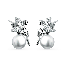 Rhodium Plated 925 Sterling Silver Fairy Stud Earring, with Cubic Zirconia and Pearl
