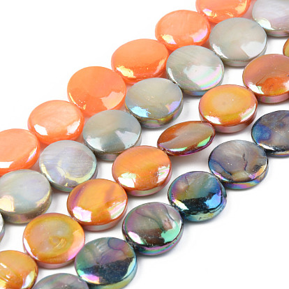 Electroplate Natural Freshwater Shell Beads Strands, Dyed, Flat Round
