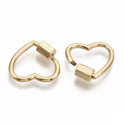 Brass Screw Carabiner Lock Charms, for Necklaces Making, Nickel Free, Heart, Real 18K Gold Plated