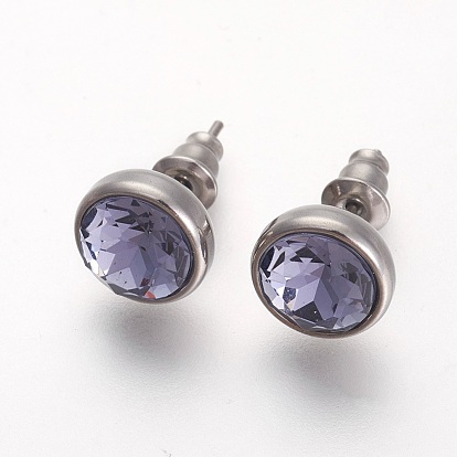 304 Stainless Steel Stud Earrings, with Rhinestone, Flat Round