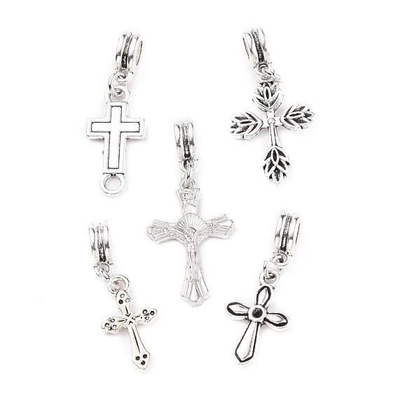 Mixed Tibetan Style Alloy  Cross European Dangle Charms, Large Hole Pendants, 30~35x11~17mm, Hole: 5mm