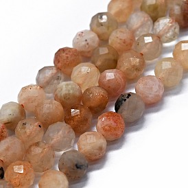 Sunstone naturelle perles brins, à facettes (64 facettes), ronde