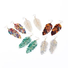 Pendientes de hoja de acetato de celulosa (resina), con ganchos de latón para pendientes y tuercas de oreja, dorado