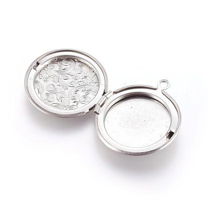304 Stainless Steel Locket Pendants, Flat Round with Flower