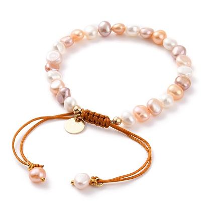 Adjustable Nylon Thread Braided Bead Bracelets, with Natural Cultured Freshwater Pearl Beads and Flat Round Brass Charms, Real 18K Gold Plated
