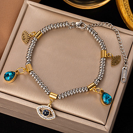 Rhinestone Charm Bracelet with Beaded Chains, Titanium Steel Bracelet