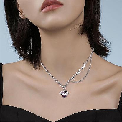 Red Heart Zirconia Necklace Adjustable Chain Gemstone Pendant Necklace Fashion Solitaire Love Eternity Crystals Choker Charms Jewelry Gift for Women Mother's Day birthday Christmas