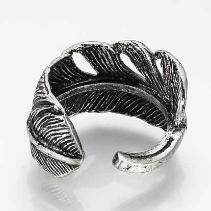 Adjustable Alloy Cuff Finger Rings, Wide Band Rings, Feather
