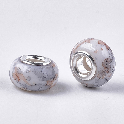 Resin European Beads, Large Hole Beads, with Silver Color Plated Brass Cores, Rondelle