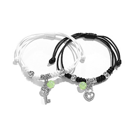 2Pcs 2 Color Alloy Enamel & Luminous Glow in the Dark Beads Charm Bracelets Set, Adjustable Couple Bracelets for Valentine's Day