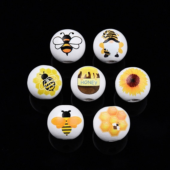 Bees Theme Printed Wooden Beads, Round with Bees/Sunflower/Gnome/Honey Jar Pattern