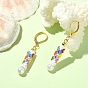 Glass Seed Braided Column with Flower Dangle Leverback Earrings, Golden 304 Stainless Steel Long Drop Earrings for Women