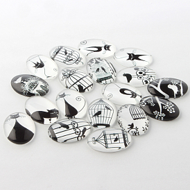 Gatito cabujones de cristal ovalados de espalda plana, adornos de tema blanco y negro decoraciones, patrón de gato de dibujos animados