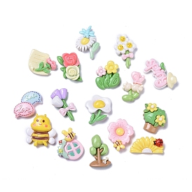 Spring Theme Opaque Cute Resin Decoden Cabochons, Flower & Bees & Tree, Mixed Shapes